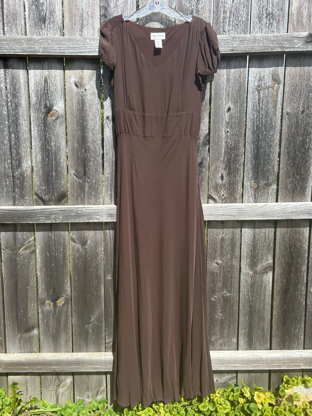 Vintage Chadwick's 100% Silk Maxi Dress Chocolate Brown Puff Sleeve Empire 14P
